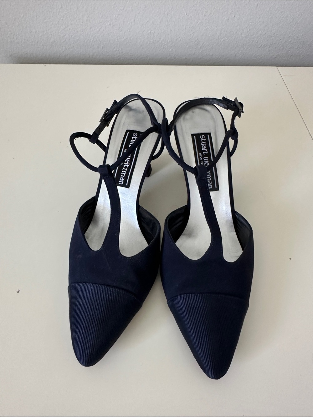 Stuart Weitzman Navy T-Strap Pointed Toe Heels with Ankle Buckle Size 8